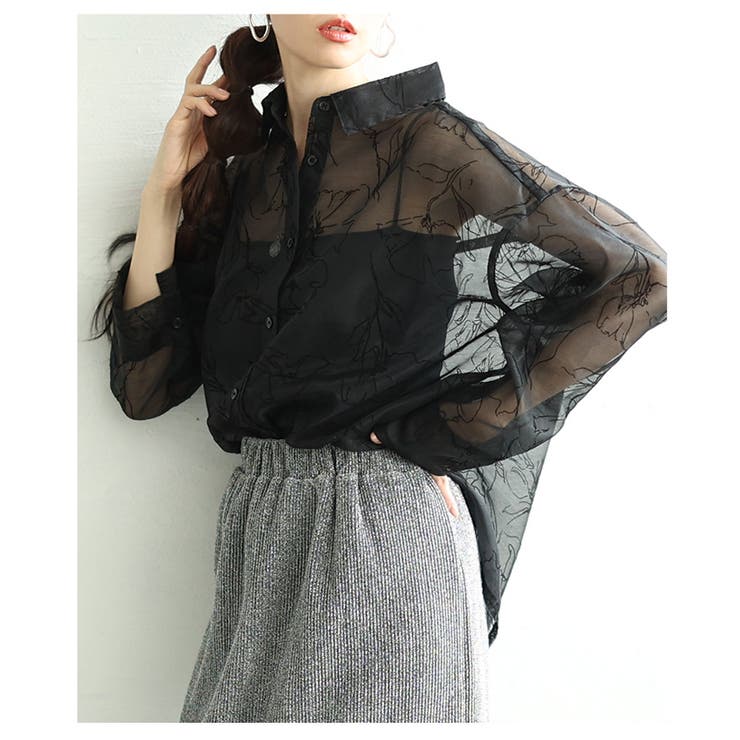 大人のニュアンス溢れるシアー花柄フロッキープリントオーバーサイズシャツ | Sawa a la mode | 詳細画像15 