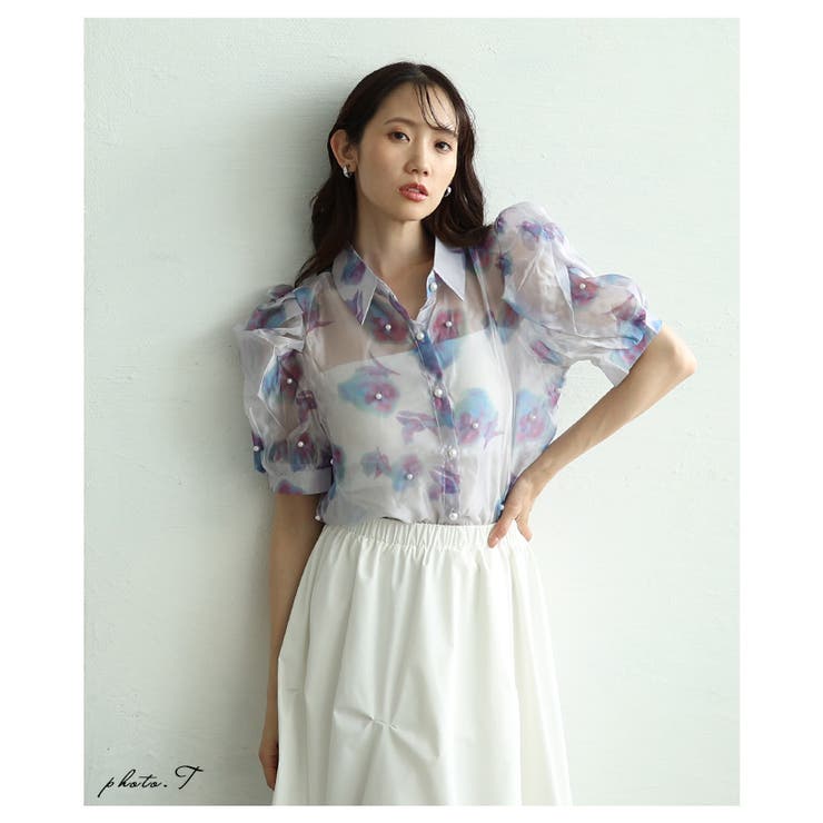 パールを纏うシアーオーガンジーのパワーショルダーブラウス レディース ファッショ… | Sawa a la mode | 詳細画像2 