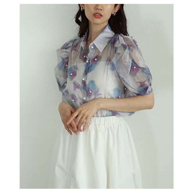 パールを纏うシアーオーガンジーのパワーショルダーブラウス レディース ファッショ… | Sawa a la mode | 詳細画像4 