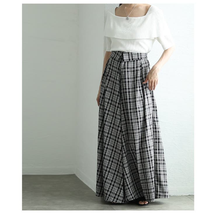 チェック柄ウエストフラップ風フレアワイドロングパンツ レディース ファッション | Sawa a la mode | 詳細画像13 