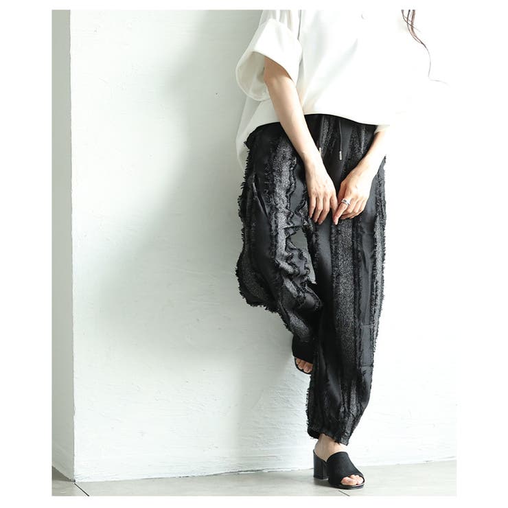 フリンジストライプ異素材バレルレッグロングパンツ レディース ファッション | Sawa a la mode | 詳細画像9 