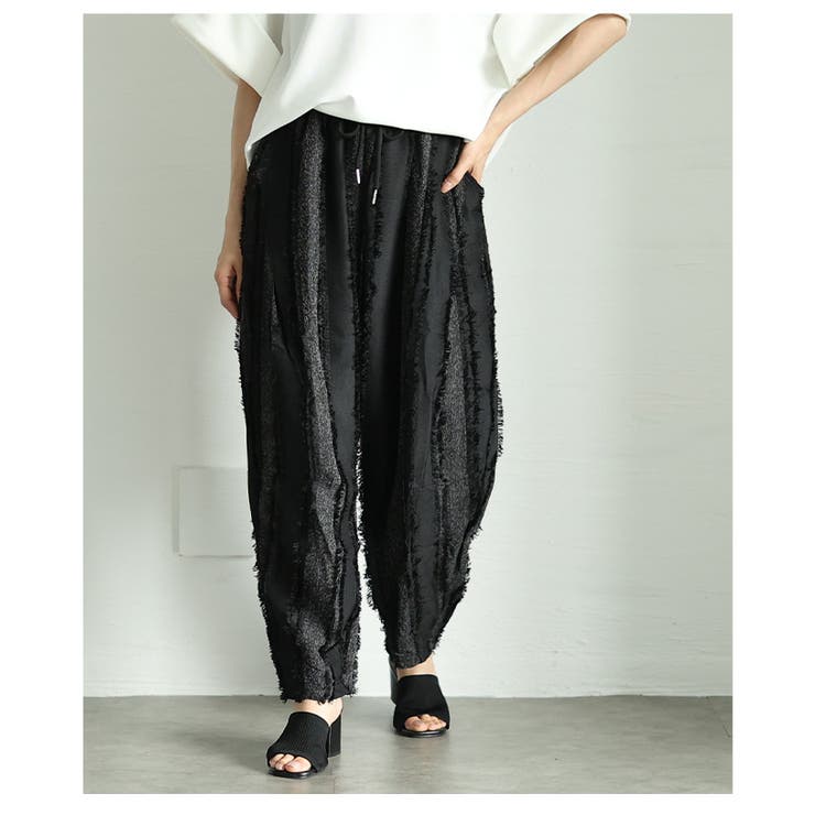 フリンジストライプ異素材バレルレッグロングパンツ レディース ファッション | Sawa a la mode | 詳細画像10 