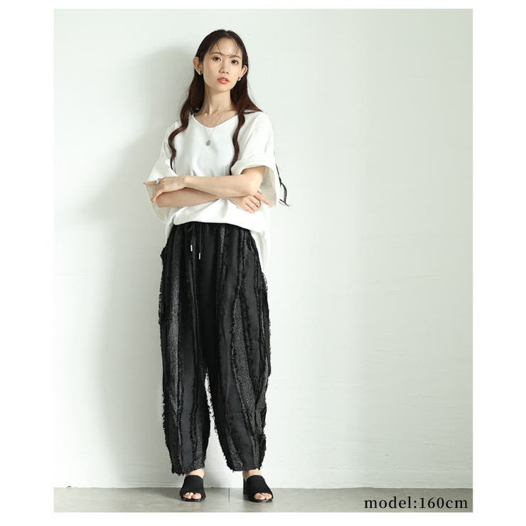 フリンジストライプ異素材バレルレッグロングパンツ レディース ファッション | Sawa a la mode | 詳細画像19 