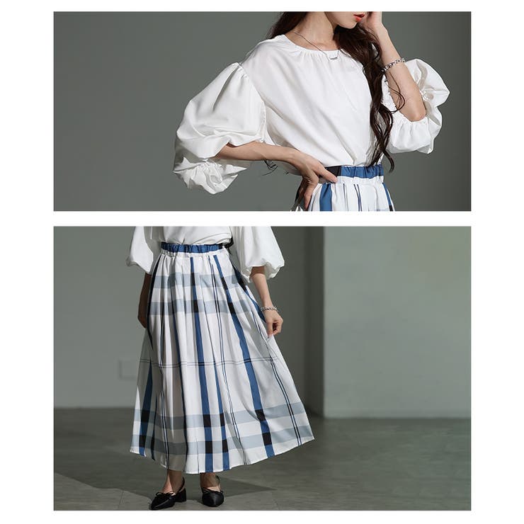 バルーンスリーブトップス＆チェック柄ロングススカートセットアップ レディース フ… | Sawa a la mode | 詳細画像5 
