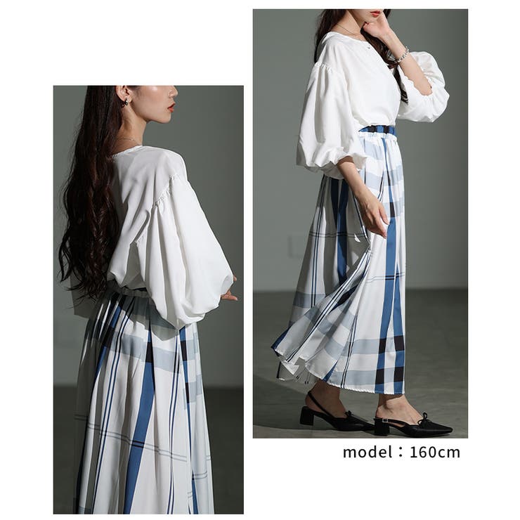 バルーンスリーブトップス＆チェック柄ロングススカートセットアップ レディース フ… | Sawa a la mode | 詳細画像10 