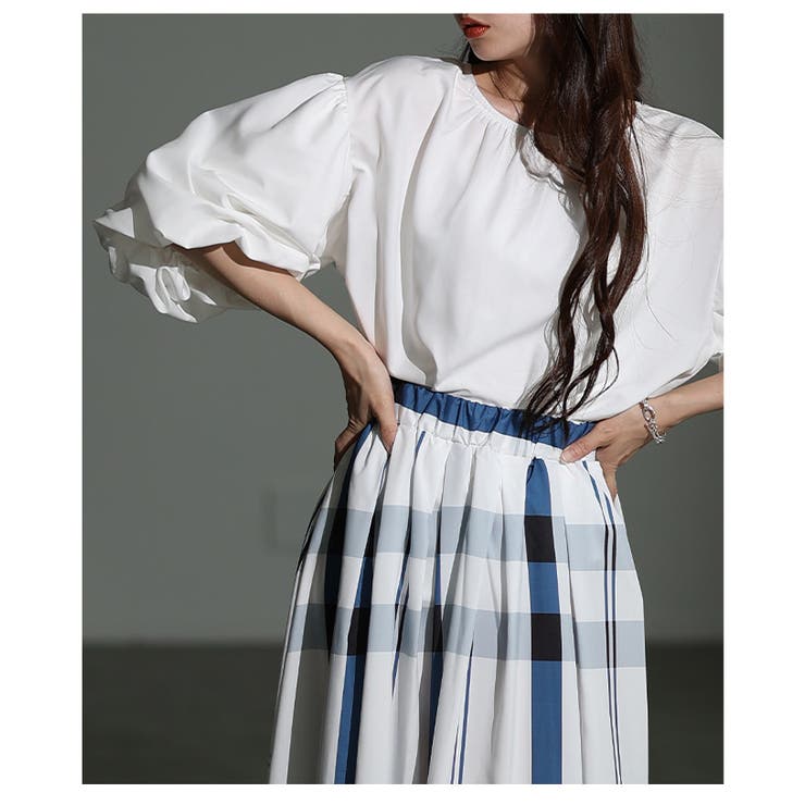 バルーンスリーブトップス＆チェック柄ロングススカートセットアップ レディース フ… | Sawa a la mode | 詳細画像13 