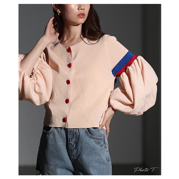 ポップで可愛いボリュームスリーブトリコロールカーディガン レディース ファッショ… | Sawa a la mode | 詳細画像2 