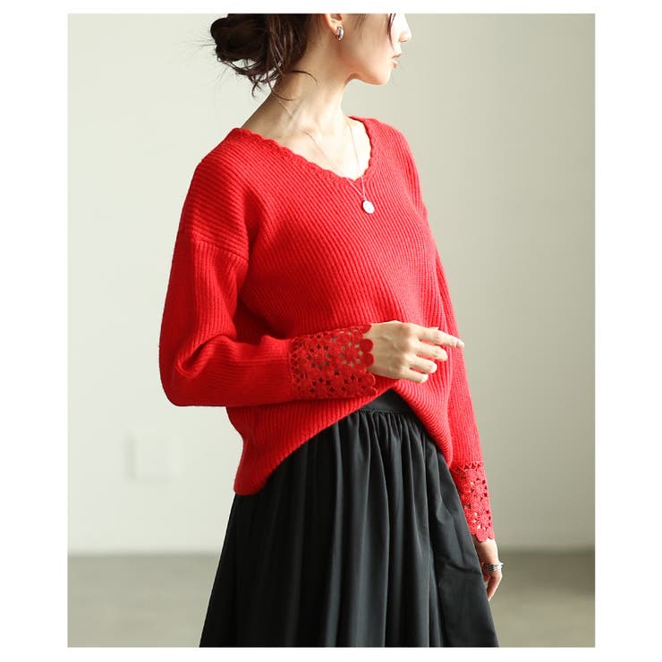 手元に浮かぶ袖口レースリブニットトップス レディース ファッション | Sawa a la mode | 詳細画像4 