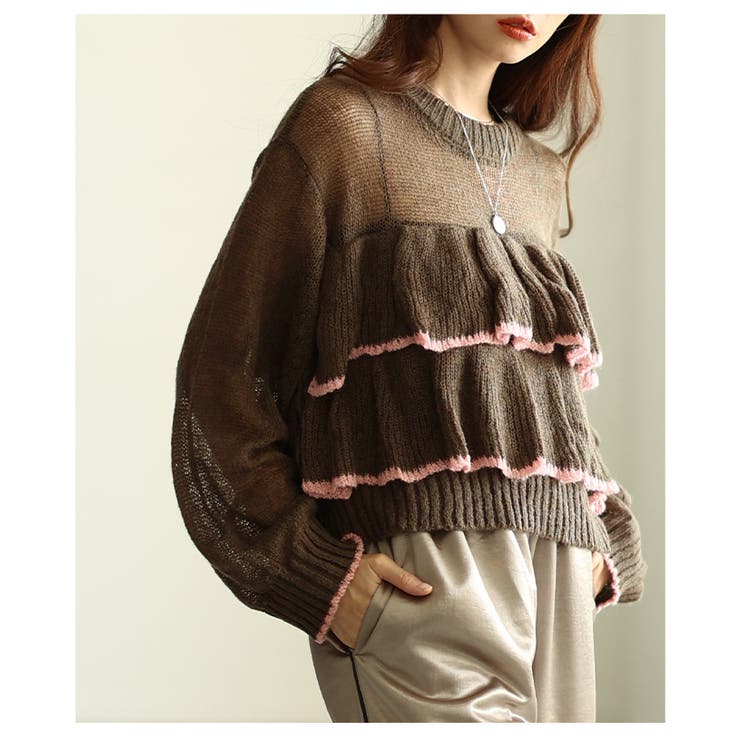 乙女心を擽る透かしモヘア配色フリルトップス レディース ファッション | Sawa a la mode | 詳細画像9 