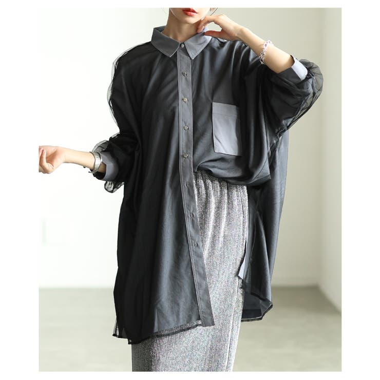 モードに揺れるオーガンジーレイヤードオーバーシャツ レディース ファッション | Sawa a la mode | 詳細画像7 