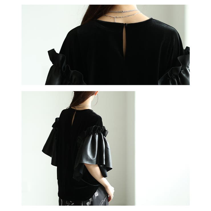 モードに揺れるベロア×フェイクレザーフレアスリーブトップス