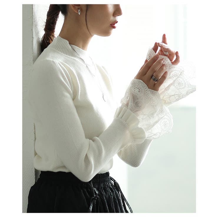 手元の華やぎに惚れるフレアレーススリーブリブニットトップス レディース | Sawa a la mode | 詳細画像18 