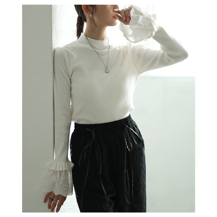 手元の華やぎに惚れるフレアレーススリーブリブニットトップス レディース | Sawa a la mode | 詳細画像20 