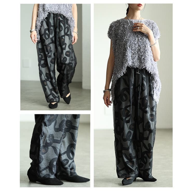 冬新作 モードな遊び心を纏うペイント柄チュールレイヤードワイドパンツ レディース ファッション パンツ ワイド ペイント チュール レイヤード ロング モード 30代 40代 50代 60代 アラモード alamode otona 大人 cawaii 可愛い 洋服 かわいい服 almam-899 モードな遊び心を纏うペイント柄チュールレイヤードワイドパンツ