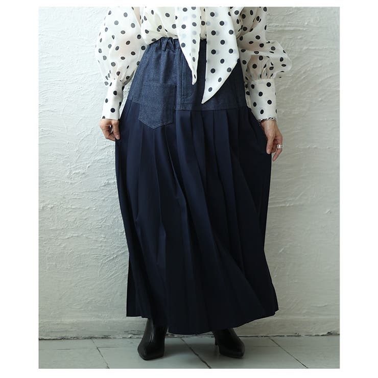 一枚で重ね着見えするデニムプリーツドッキングスカート レディース スカート | Sawa a la mode | 詳細画像8 