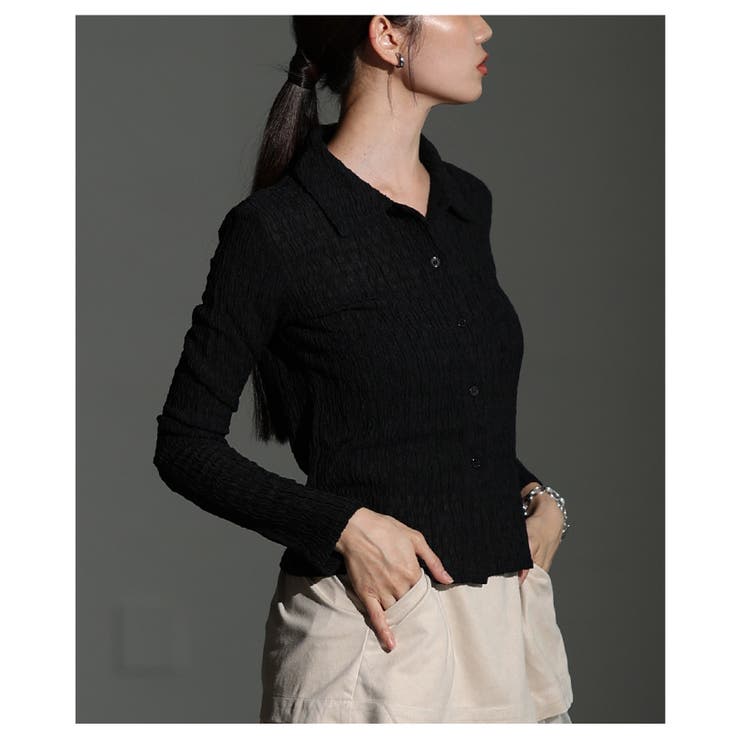 エッジを効かせたジャガードシャーリングポロトップス レディース ファッション | Sawa a la mode | 詳細画像4 