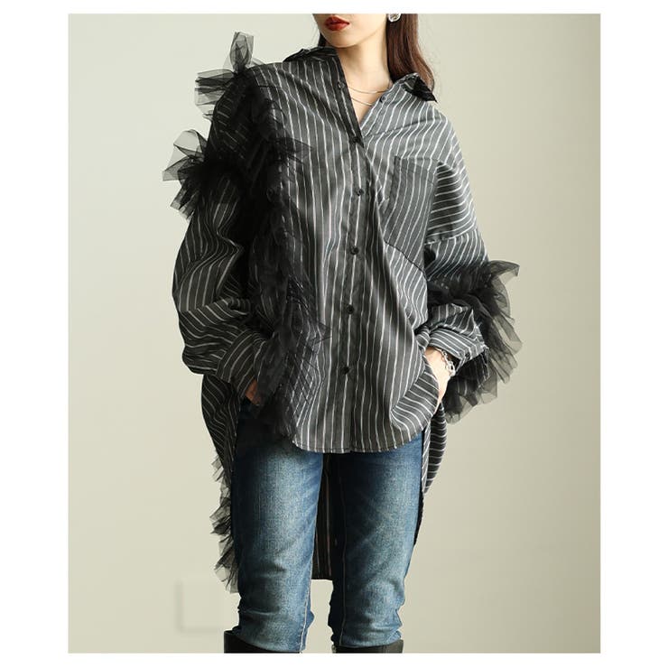 チュールが主役のチュールフリルロングストライプシャツ レディース トップス | Sawa a la mode | 詳細画像4 