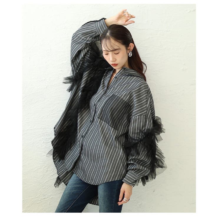 チュールが主役のチュールフリルロングストライプシャツ レディース トップス | Sawa a la mode | 詳細画像8 