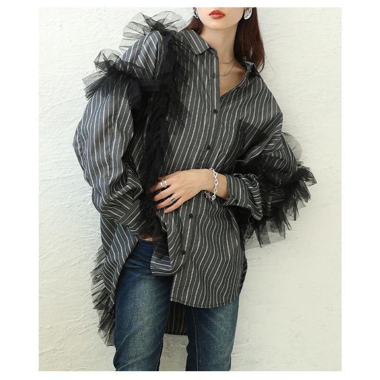 チュールが主役のチュールフリルロングストライプシャツ レディース トップス | Sawa a la mode | 詳細画像9 
