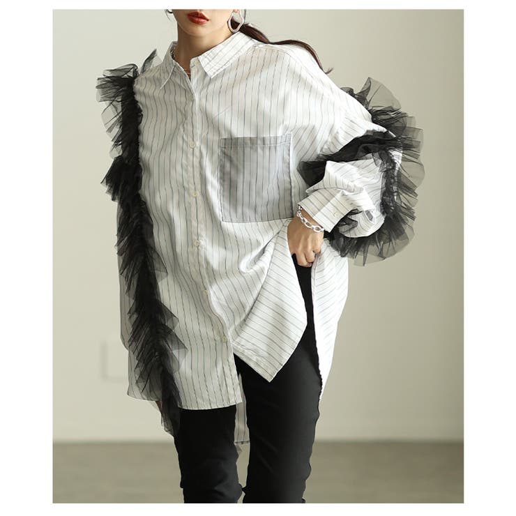 チュールが主役のチュールフリルロングストライプシャツ レディース トップス | Sawa a la mode | 詳細画像14 