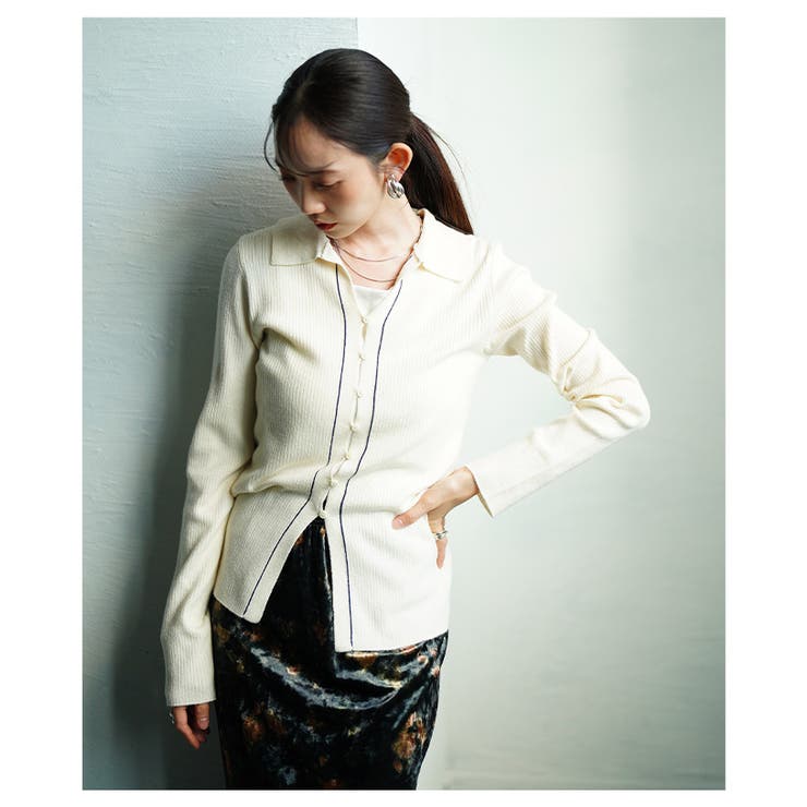 知的な大人ムード漂う配色ラインリブニットポロカーディガン レディース ファッショ… | Sawa a la mode | 詳細画像14 