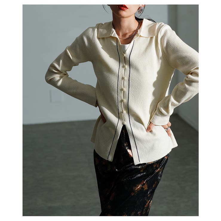 知的な大人ムード漂う配色ラインリブニットポロカーディガン レディース ファッショ… | Sawa a la mode | 詳細画像16 