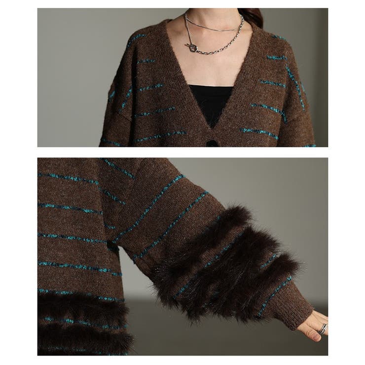 大人リュクスなジャガード×ファーボーダーニットカーディガン レディース ファッシ… | Sawa a la mode | 詳細画像5 