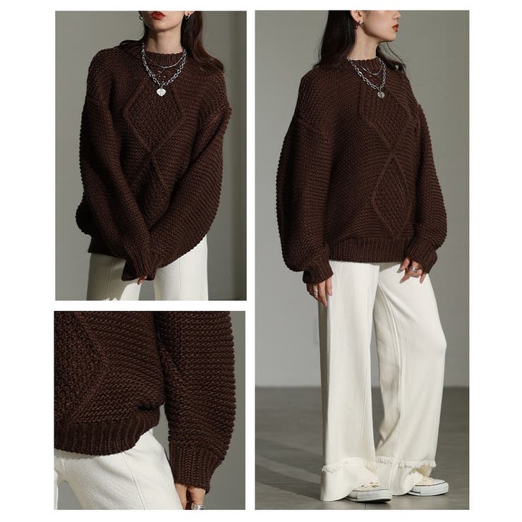 ざっくり編みの表情が魅力なフロントダイヤ柄ローゲージニットトップス レディース | Sawa a la mode | 詳細画像21 