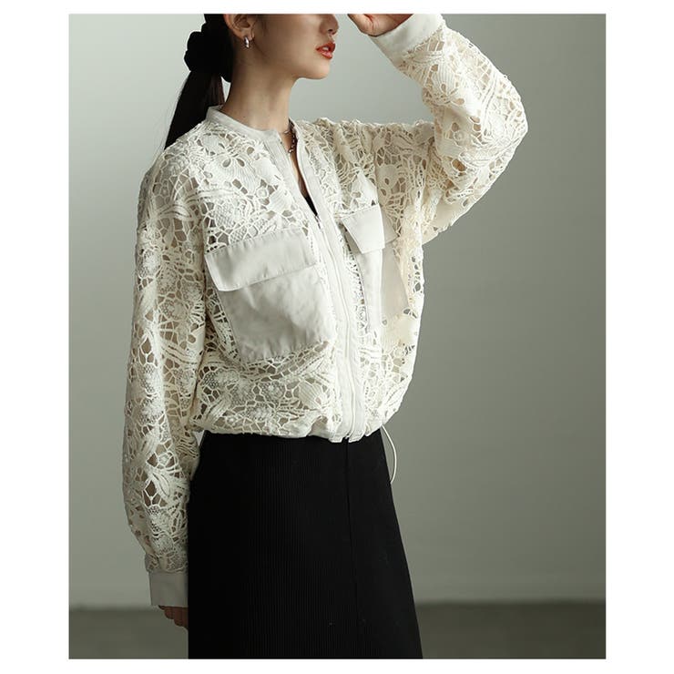 甘さを削ぎ落した裾ドロストジップアップレースブルゾン レディース ファッション | Sawa a la mode | 詳細画像7 