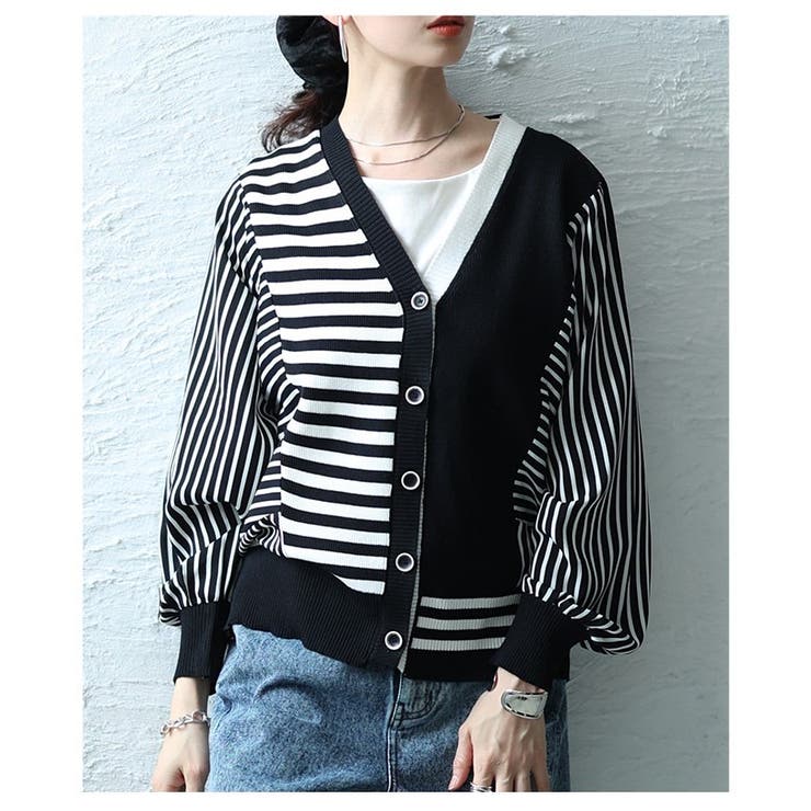 リズムを重ねる切替ストライプ異素材カーディガン レディース ファッション | Sawa a la mode | 詳細画像12 