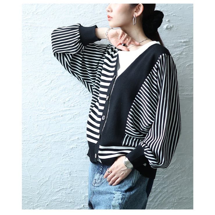 リズムを重ねる切替ストライプ異素材カーディガン レディース ファッション | Sawa a la mode | 詳細画像13 