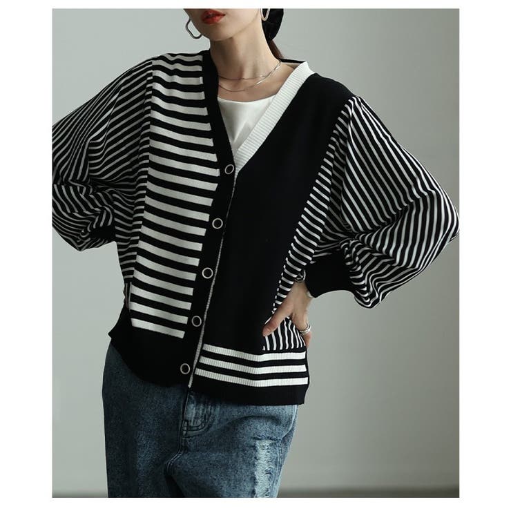 リズムを重ねる切替ストライプ異素材カーディガン レディース ファッション | Sawa a la mode | 詳細画像19 