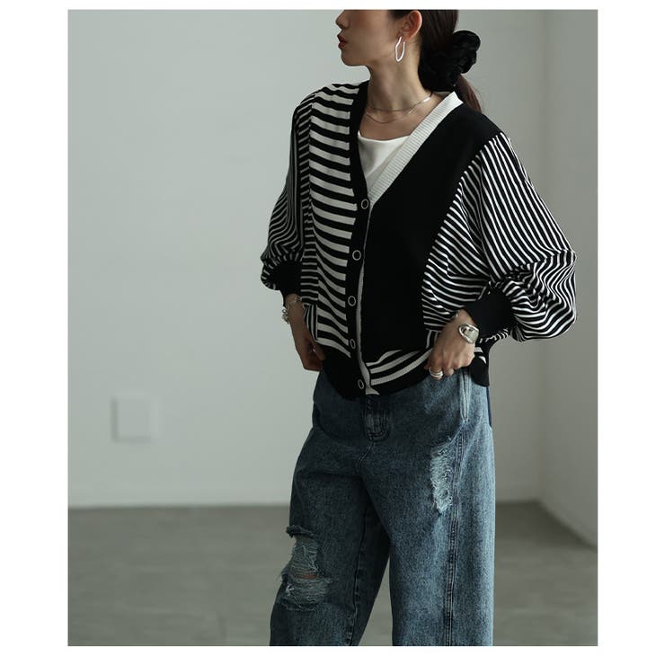 リズムを重ねる切替ストライプ異素材カーディガン レディース ファッション | Sawa a la mode | 詳細画像20 