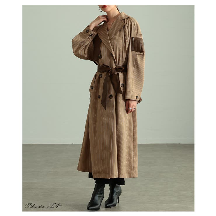 スパイス加えたレザードッキングストライプ柄トレンチコート レディース ファッショ… | Sawa a la mode | 詳細画像2 