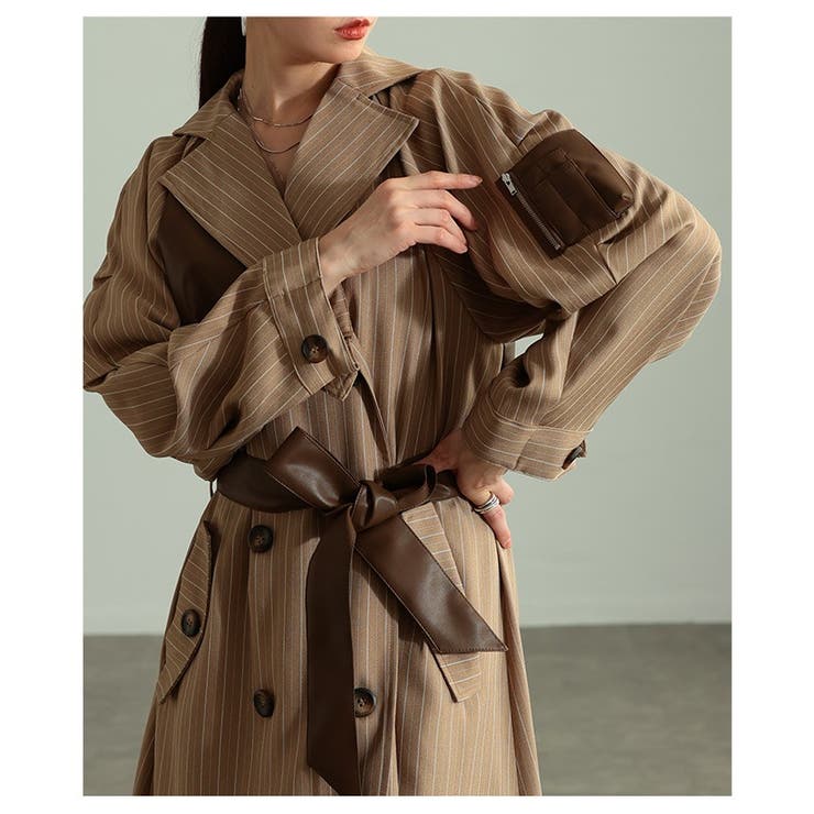 スパイス加えたレザードッキングストライプ柄トレンチコート レディース ファッショ… | Sawa a la mode | 詳細画像4 