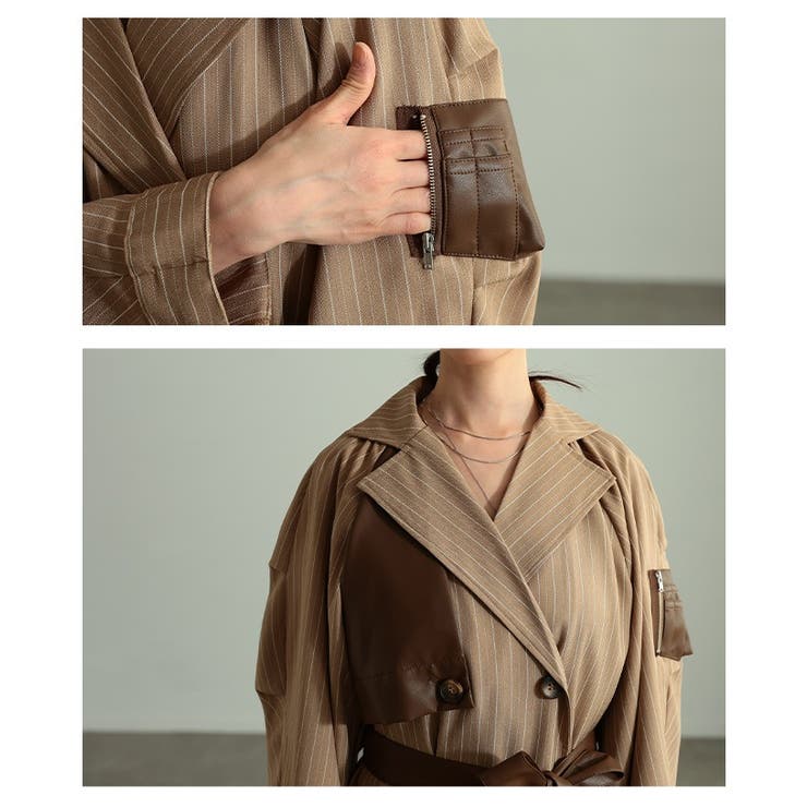 スパイス加えたレザードッキングストライプ柄トレンチコート レディース ファッショ… | Sawa a la mode | 詳細画像5 