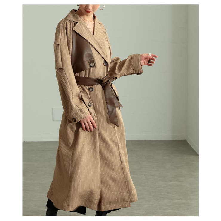 スパイス加えたレザードッキングストライプ柄トレンチコート レディース ファッショ… | Sawa a la mode | 詳細画像7 
