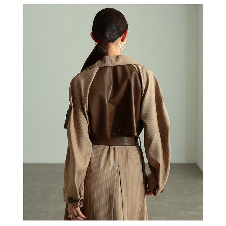 スパイス加えたレザードッキングストライプ柄トレンチコート レディース ファッショ… | Sawa a la mode | 詳細画像8 