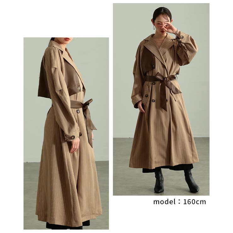 スパイス加えたレザードッキングストライプ柄トレンチコート レディース ファッショ… | Sawa a la mode | 詳細画像9 