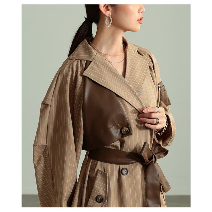 スパイス加えたレザードッキングストライプ柄トレンチコート レディース ファッショ… | Sawa a la mode | 詳細画像10 