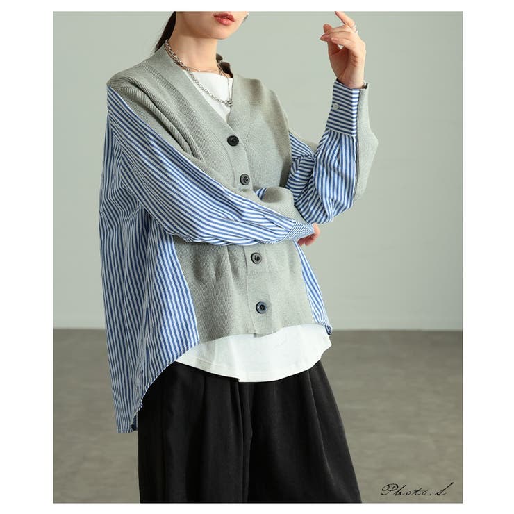 サマ見えニット×ストライプシャツ異素材カーディガン レディース ファッション | Sawa a la mode | 詳細画像2 