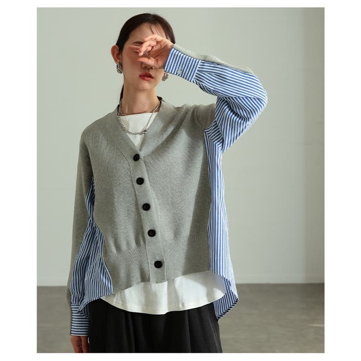 サマ見えニット×ストライプシャツ異素材カーディガン レディース ファッション | Sawa a la mode | 詳細画像4 