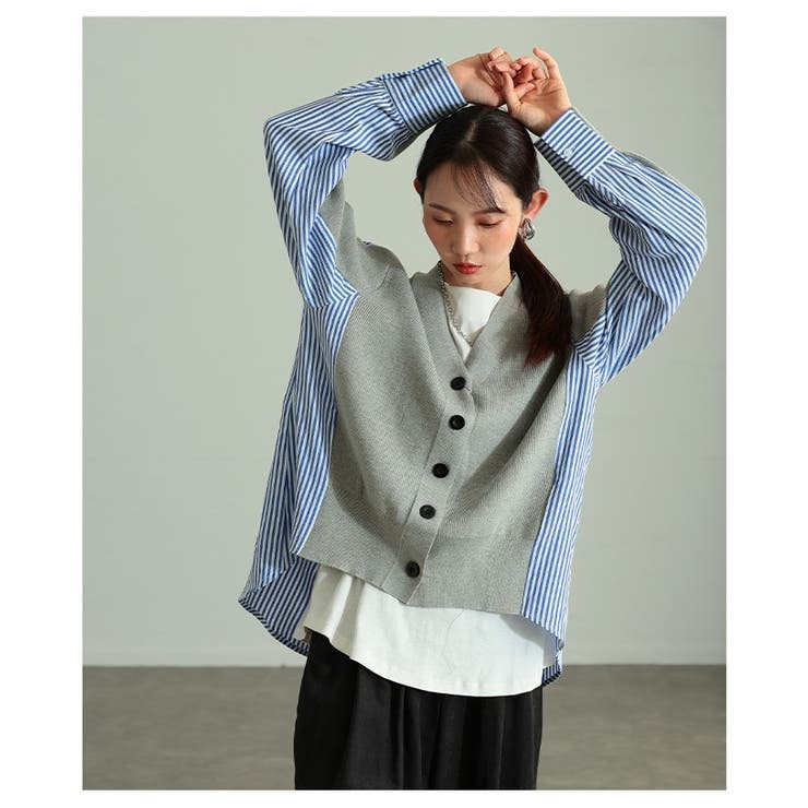 サマ見えニット×ストライプシャツ異素材カーディガン レディース ファッション | Sawa a la mode | 詳細画像10 