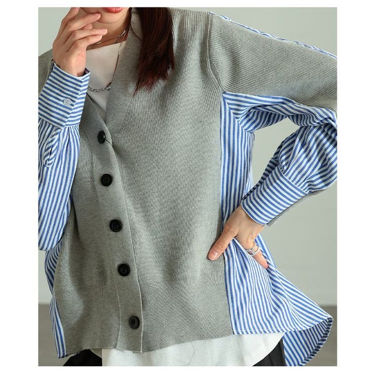 サマ見えニット×ストライプシャツ異素材カーディガン レディース ファッション | Sawa a la mode | 詳細画像11 