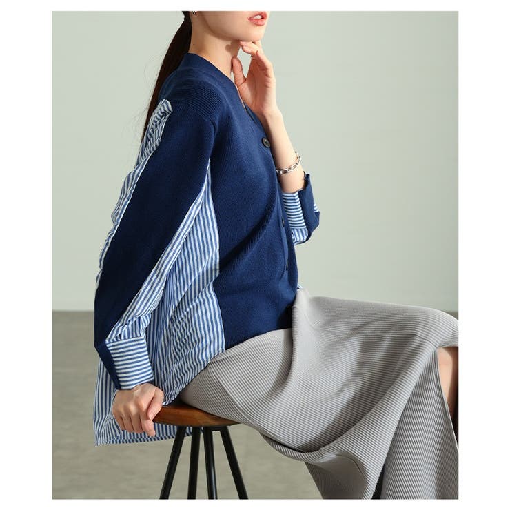 サマ見えニット×ストライプシャツ異素材カーディガン レディース ファッション | Sawa a la mode | 詳細画像14 