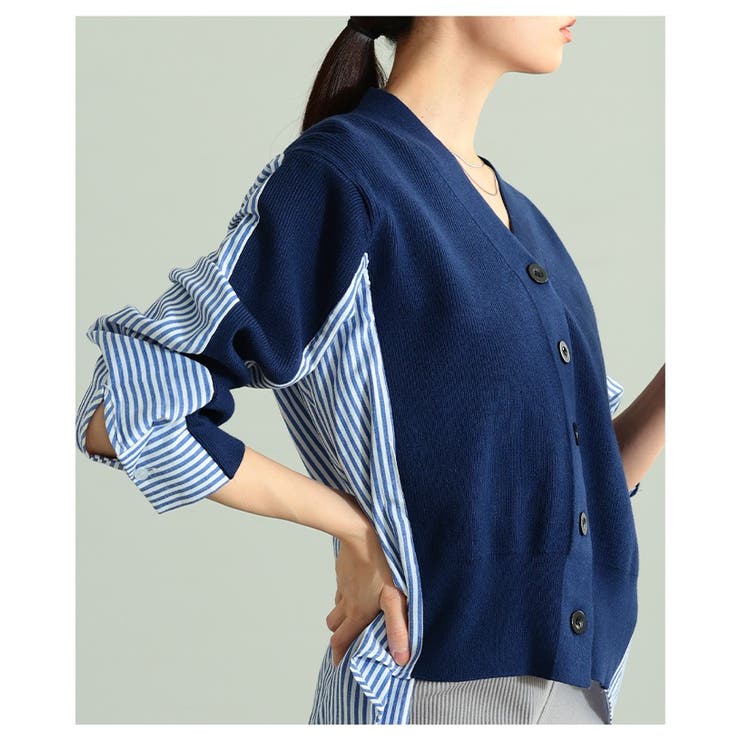 サマ見えニット×ストライプシャツ異素材カーディガン レディース ファッション | Sawa a la mode | 詳細画像17 