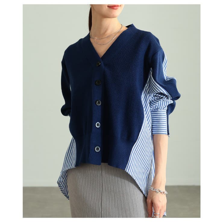 サマ見えニット×ストライプシャツ異素材カーディガン レディース ファッション | Sawa a la mode | 詳細画像18 