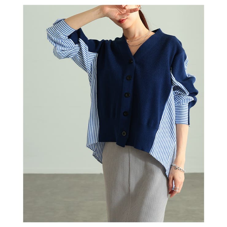 サマ見えニット×ストライプシャツ異素材カーディガン レディース ファッション | Sawa a la mode | 詳細画像20 