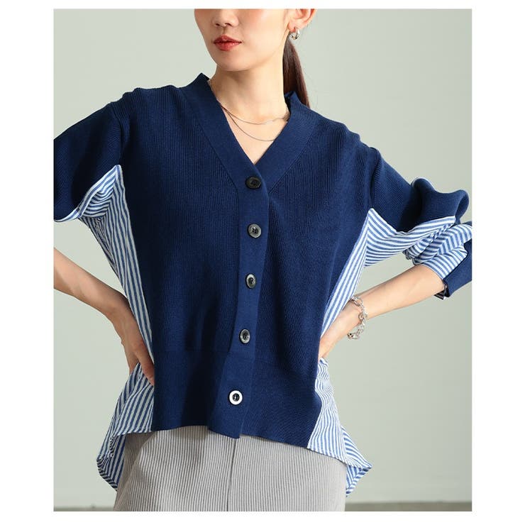 サマ見えニット×ストライプシャツ異素材カーディガン レディース ファッション | Sawa a la mode | 詳細画像22 