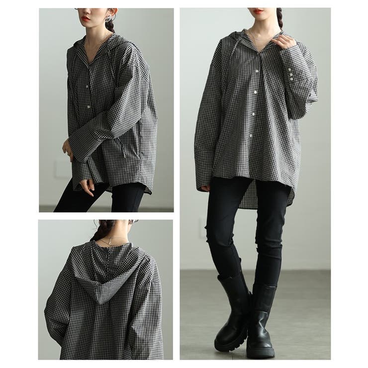 ラフ感漂うチェック柄フーディーオーバーシャツ レディース ファッション | Sawa a la mode | 詳細画像19 